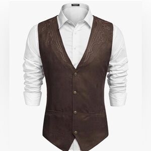 COOFANDY Men’s Suede Leather Vest Western Cowboy Waistcoat Slim Fit